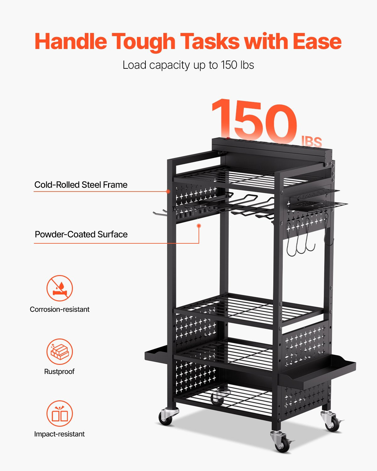 5-tier Tool Organizer Cart with Charging Station, 8 AC Outlet, Floor Stand Rolling Drill Holder and Tool Battery Storage Rack on Wheels, Garage Floor Rolling Storage Cart for Workshop, Garage
