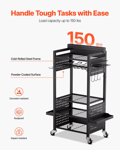 5-tier Tool Organizer Cart with Charging Station, 8 AC Outlet, Floor Stand Rolling Drill Holder and Tool Battery Storage Rack on Wheels, Garage Floor Rolling Storage Cart for Workshop, Garage