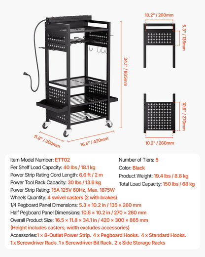 5-tier Tool Organizer Cart with Charging Station, 8 AC Outlet, Floor Stand Rolling Drill Holder and Tool Battery Storage Rack on Wheels, Garage Floor Rolling Storage Cart for Workshop, Garage