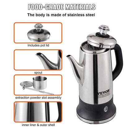 12-Cup Electric Percolator Coffee Pot, 304 Stainless Steel Coffee Percolator with Keep Warm Function & Heat-Resistant Handle, Classic Coffee Maker, Quick Brew & Easy-Pour Spout, Silver