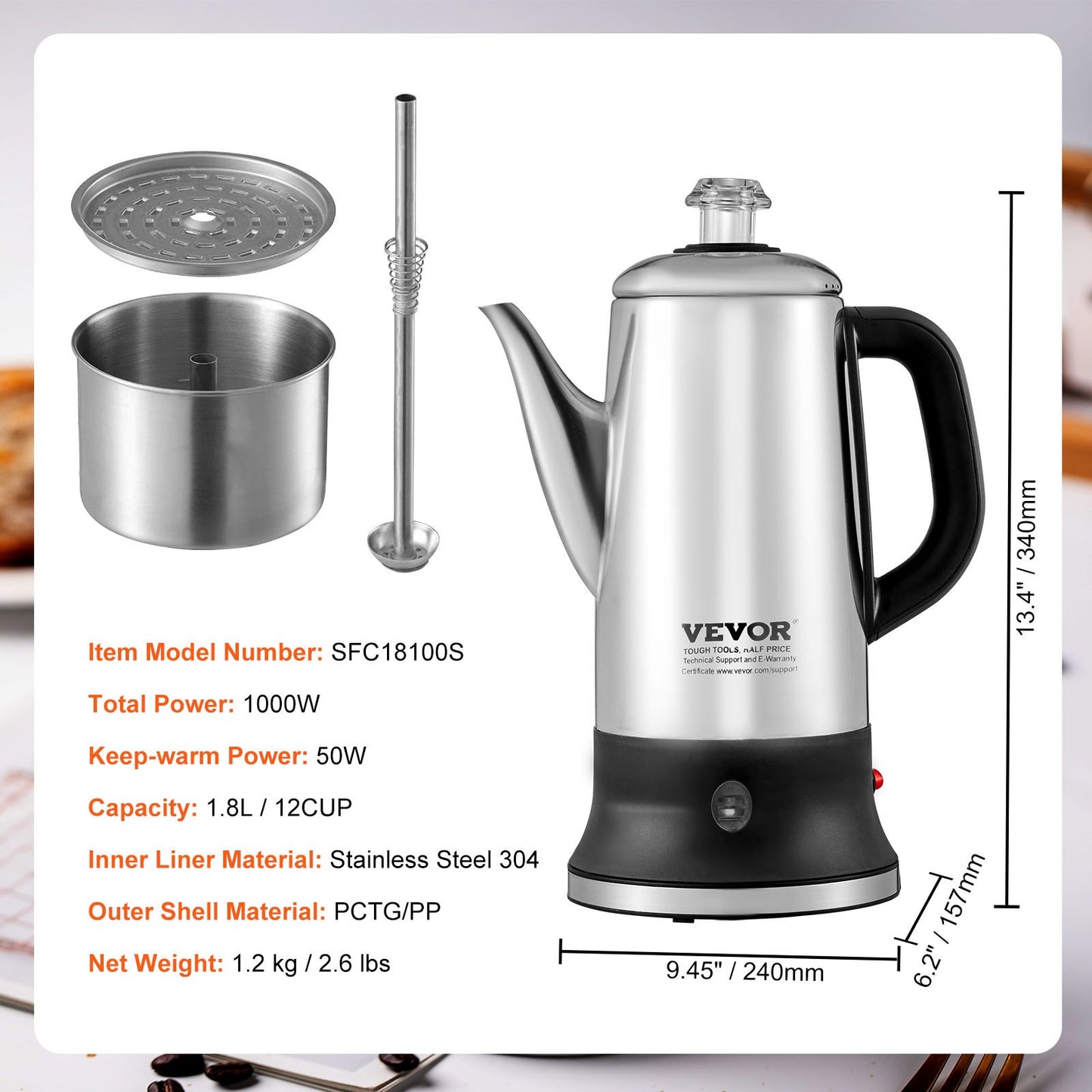 12-Cup Electric Percolator Coffee Pot, 304 Stainless Steel Coffee Percolator with Keep Warm Function & Heat-Resistant Handle, Classic Coffee Maker, Quick Brew & Easy-Pour Spout, Silver
