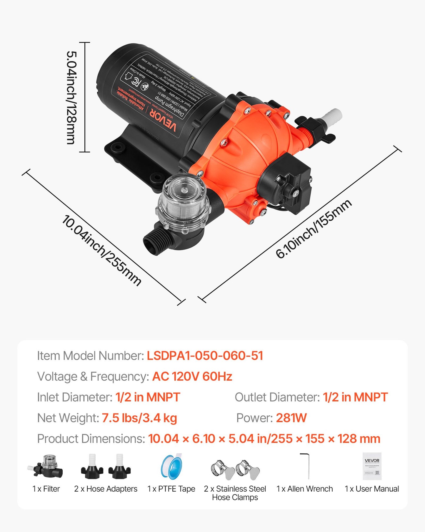 Water Pressure Pump, 110V AC 5 GPM, 5-Chamber On Demand Electric Diaphragm Water Transfer Pump, 60 PSI Max Pressure, Automatic Pressure Switch, for Home Kitchen Garden Irrigation Car Washing
