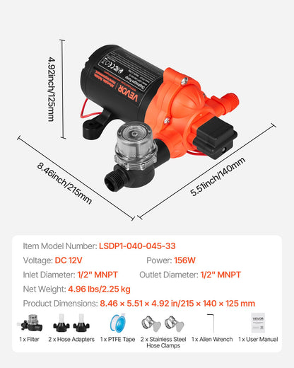 RV Water Pump, 12V DC 4 GPM (15.1 L/min), 3-Chamber Self-Priming Diaphragm Water Pump with Automatic Pressure Switch, 40 PSI Max Pressure, On Demand for RV, Caravan, Marine, Yacht, Car Washing