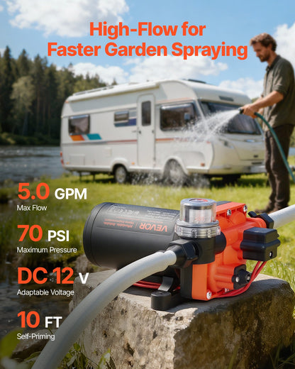 RV Water Pump, 12V DC 5 GPM (18.9 L/min), 4-Chamber Self-Priming Diaphragm Water Pump with Automatic Pressure Switch, 70 PSI Max Pressure, On Demand for RV, Caravan, Marine, Yacht, Car Washing