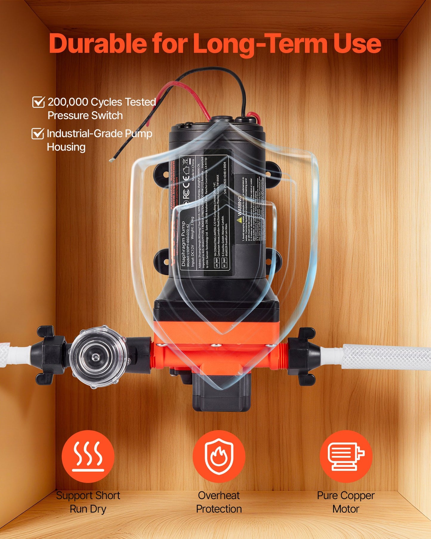 RV Water Pump, 12V DC 5 GPM (18.9 L/min), 4-Chamber Self-Priming Diaphragm Water Pump with Automatic Pressure Switch, 70 PSI Max Pressure, On Demand for RV, Caravan, Marine, Yacht, Car Washing