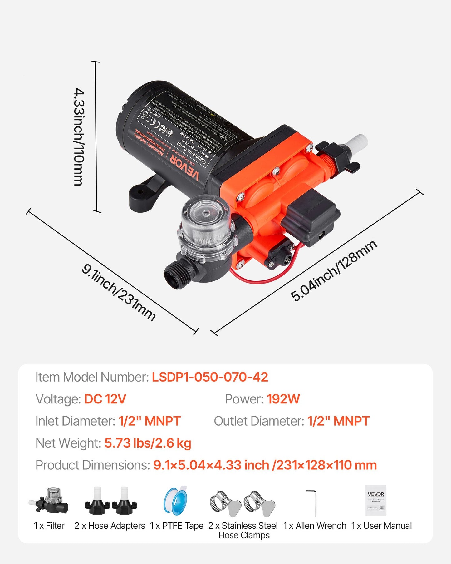 RV Water Pump, 12V DC 5 GPM (18.9 L/min), 4-Chamber Self-Priming Diaphragm Water Pump with Automatic Pressure Switch, 70 PSI Max Pressure, On Demand for RV, Caravan, Marine, Yacht, Car Washing