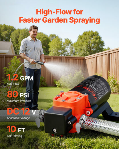 Water Pressure Pump, 12V DC 1.2 GPM (4.5 L/min), 2-Chamber Self-Priming Diaphragm Water Pump with 2 Hose Clamps, 80 PSI Max Pressure, Quiet Operation, for RV, Caravan, Marine, Garden Irrigation