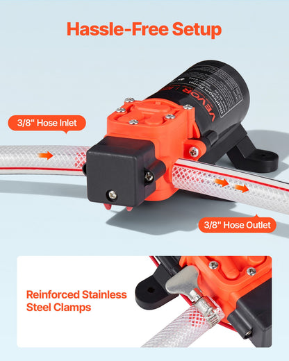 Water Pressure Pump, 12V DC 1.2 GPM (4.5 L/min), 2-Chamber Self-Priming Diaphragm Water Pump with 2 Hose Clamps, 80 PSI Max Pressure, Quiet Operation, for RV, Caravan, Marine, Garden Irrigation