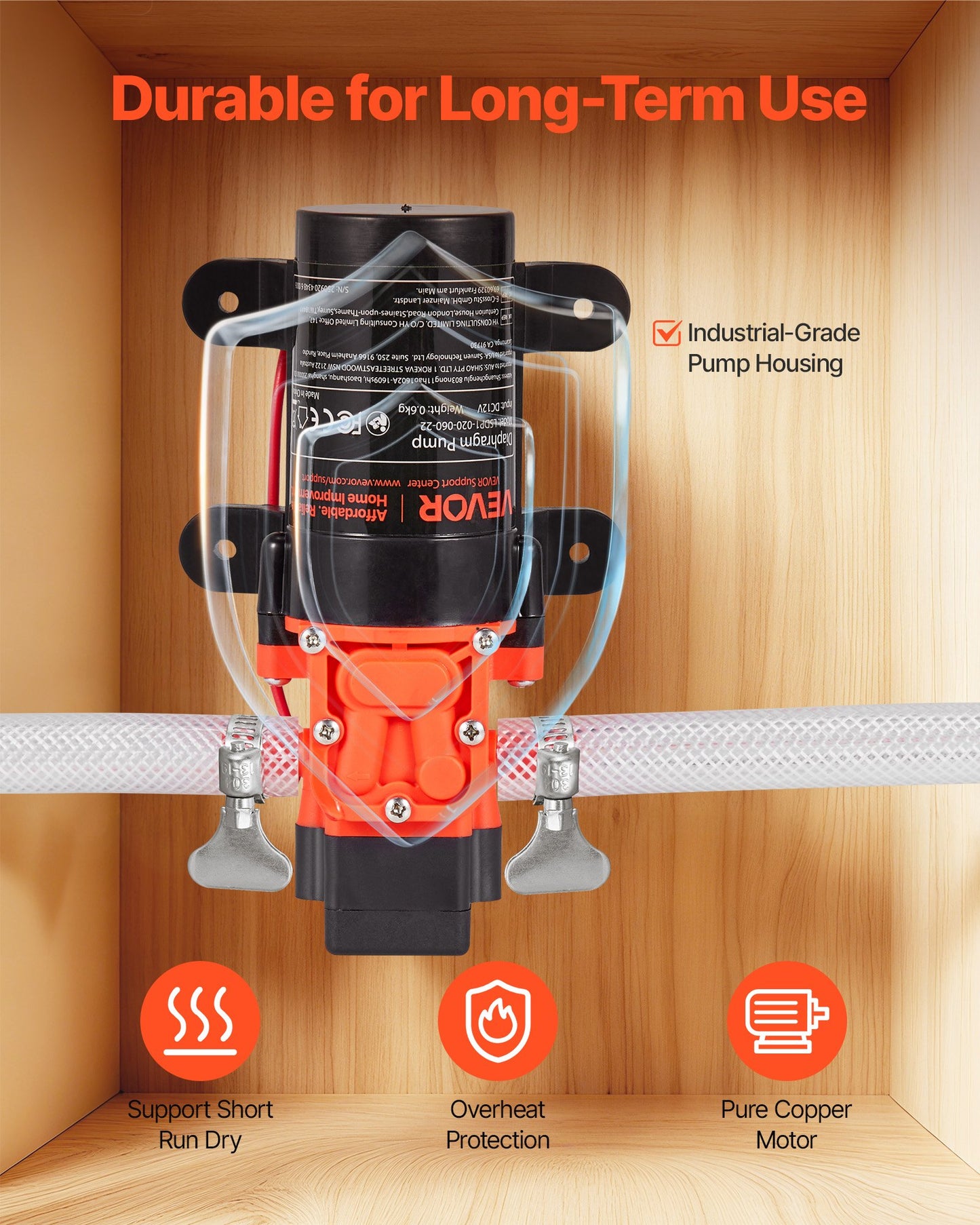 Water Pressure Pump, 12V DC 1.2 GPM (4.5 L/min), 2-Chamber Self-Priming Diaphragm Water Pump with 2 Hose Clamps, 80 PSI Max Pressure, Quiet Operation, for RV, Caravan, Marine, Garden Irrigation