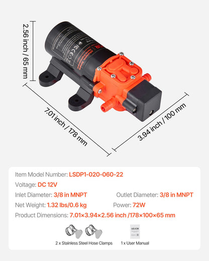 Water Pressure Pump, 12V DC 1.2 GPM (4.5 L/min), 2-Chamber Self-Priming Diaphragm Water Pump with 2 Hose Clamps, 80 PSI Max Pressure, Quiet Operation, for RV, Caravan, Marine, Garden Irrigation