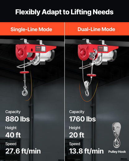 Electric Hoist, 1760 lbs 120V Electric Winch with 328 ft Wireless Remote Control, 40 ft Single Cable Lifting Height, Single/Double Slings, Emergency Stop, Lift Hoist for Garage Warehouse Factory