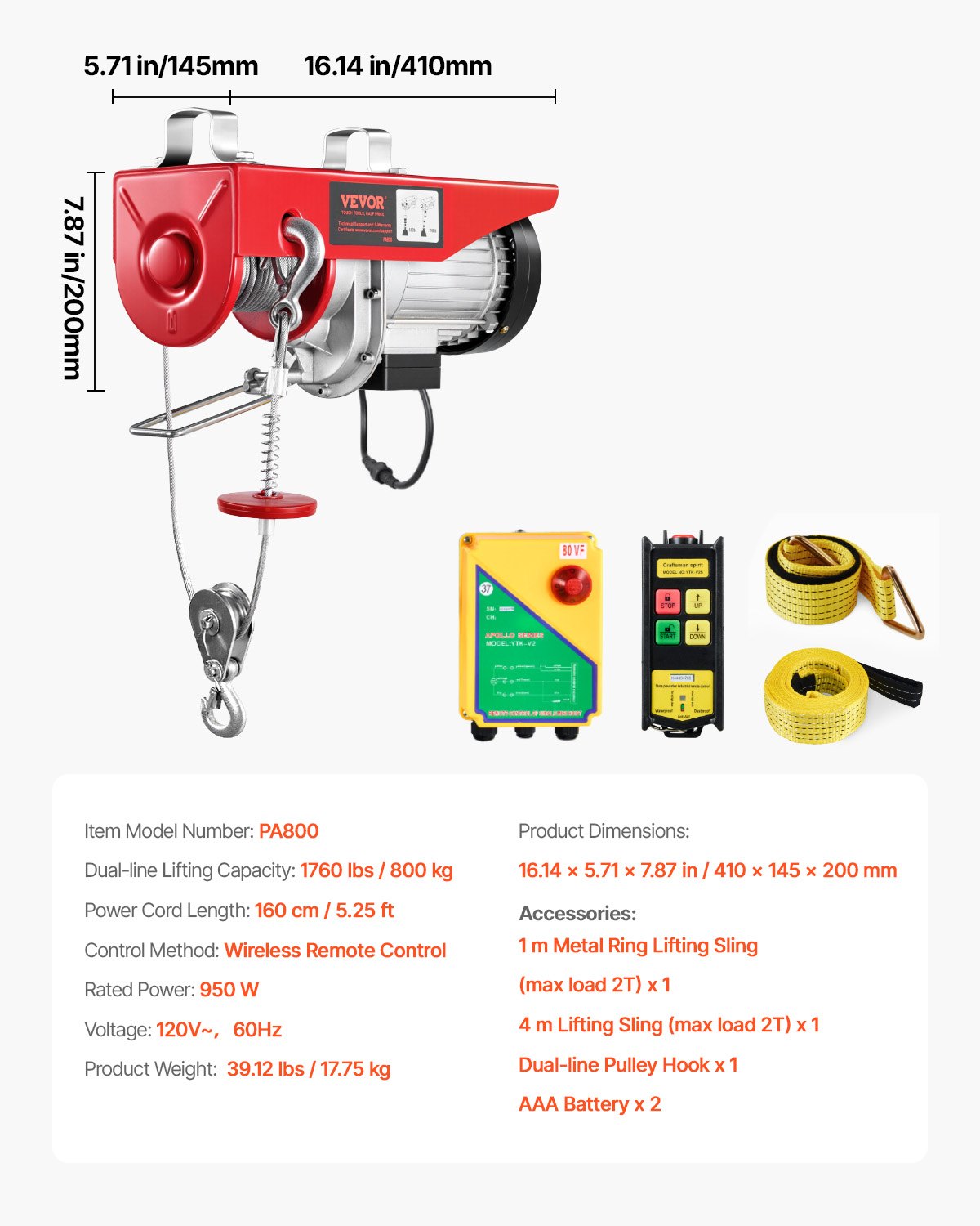 Electric Hoist, 1760 lbs 120V Electric Winch with 328 ft Wireless Remote Control, 40 ft Single Cable Lifting Height, Single/Double Slings, Emergency Stop, Lift Hoist for Garage Warehouse Factory