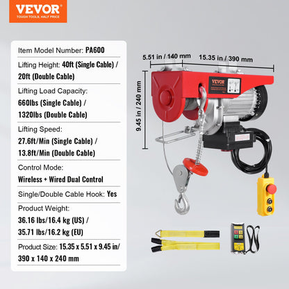 Electric Hoist Crane Winch 1320 lbs 328 ft Wireless & 14 ft Wired Remote