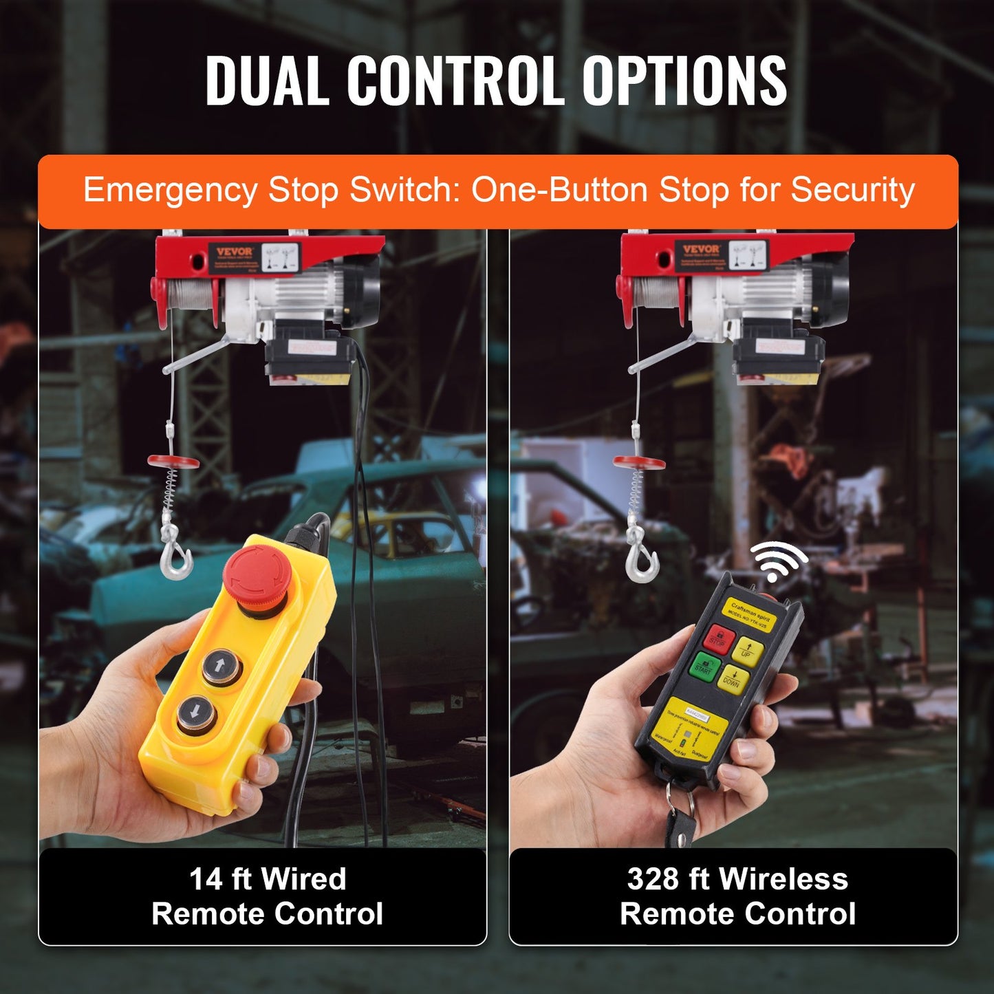 Electric Hoist Crane Winch 1320 lbs 328 ft Wireless &amp; 14 ft Wired Remote