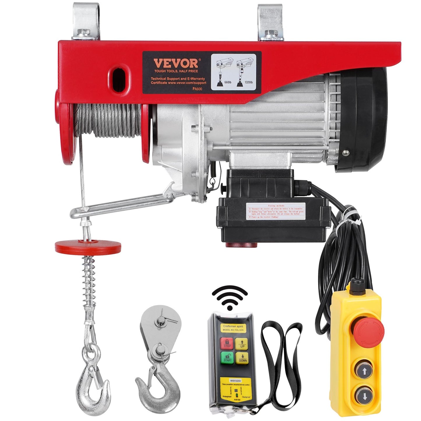 Electric Hoist Crane Winch 1320 lbs 328 ft Wireless &amp; 14 ft Wired Remote