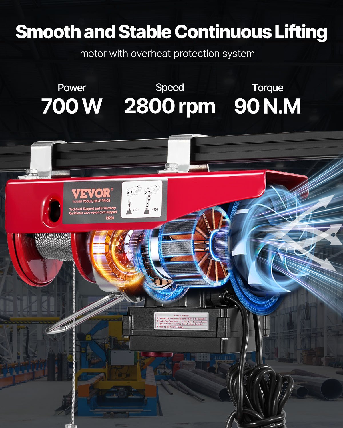 Electric Hoist, 440 lbs 120V Electric Winch with 328 ft Wireless & 14 ft Wired Remote Control, 40 ft Single Cable Lifting Height, Single/Double Slings, Lift Hoist for Garage Warehouse Factory