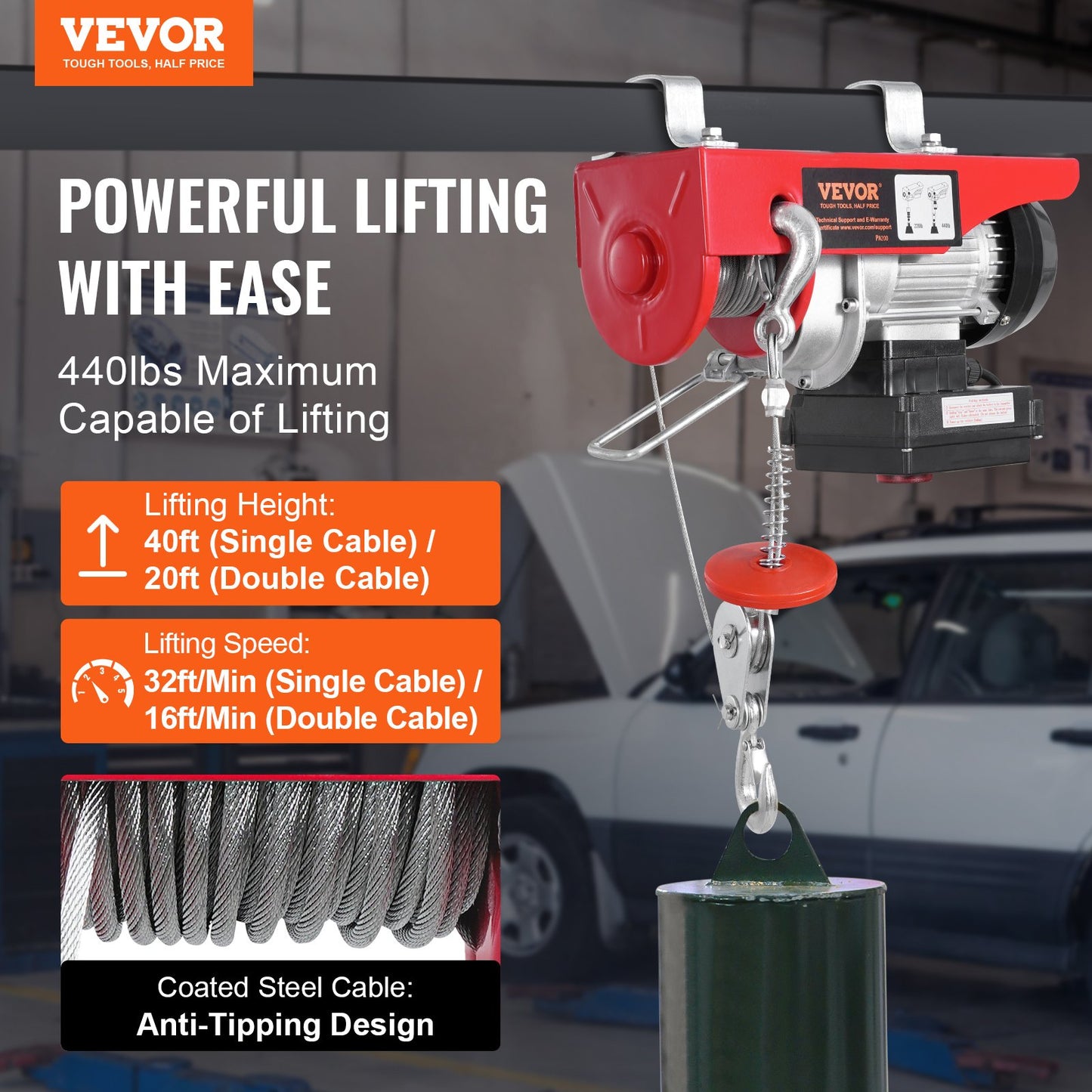 Elektrisk lyftkranvinsch 440 lbs 328 fot trådlös & 14 fot kabelansluten fjärrkontroll