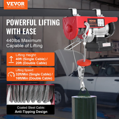 Elektrisk lyftkranvinsch 440 lbs 328 fot trådlös & 14 fot kabelansluten fjärrkontroll