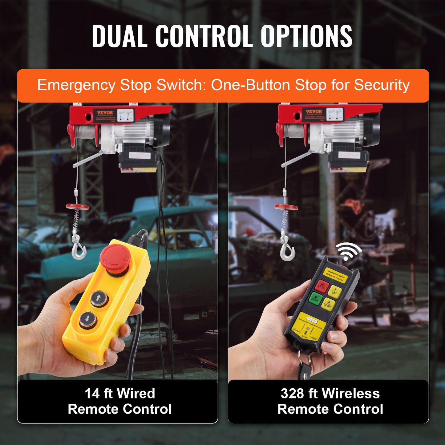 Elektrisk lyftkranvinsch 440 lbs 328 fot trådlös & 14 fot kabelansluten fjärrkontroll
