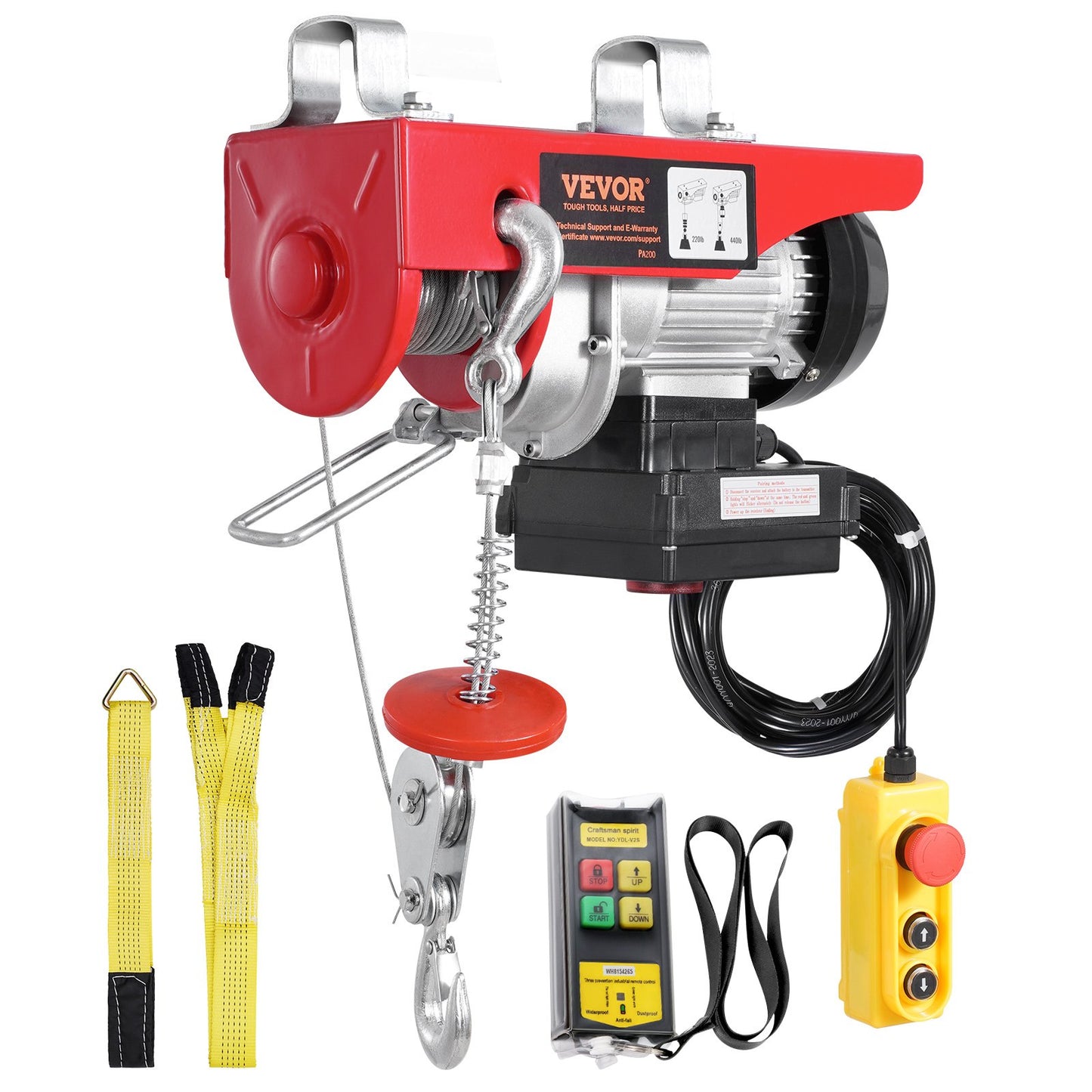 Elektrisk lyftkranvinsch 440 lbs 328 fot trådlös & 14 fot kabelansluten fjärrkontroll