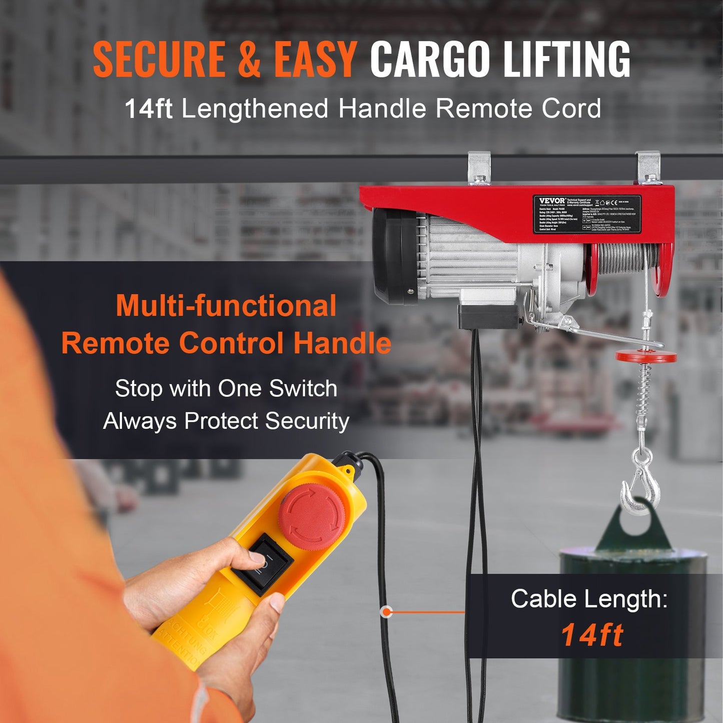 Elektrische Hebekranwinde 880 lbs mit 14 ft Kabelfernbedienung 230V