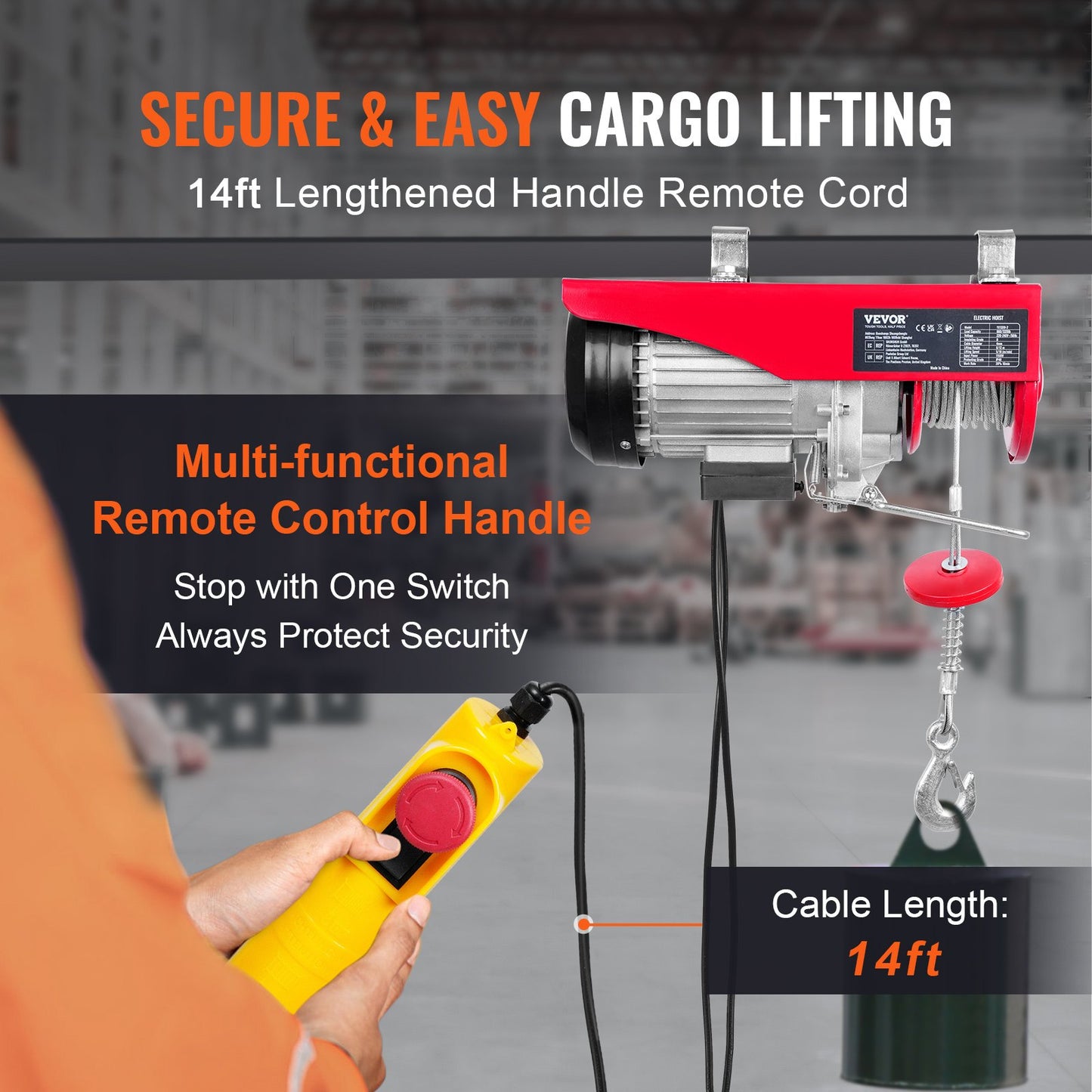 Electric Hoist, 1320 lbs Lifting Capacity, 1150W 220V Electric Steel Wire Rope Winch with 14ft Wired Remote Control, 40ft Single Cable Lifting Height and Pure Copper Motor, for Garage Warehouse Factory