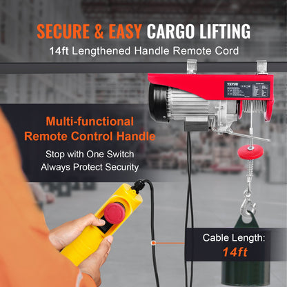 Electric Hoist, 1320 lbs Lifting Capacity, 1150W 220V Electric Steel Wire Rope Winch with 14ft Wired Remote Control, 40ft Single Cable Lifting Height and Pure Copper Motor, for Garage Warehouse Factory