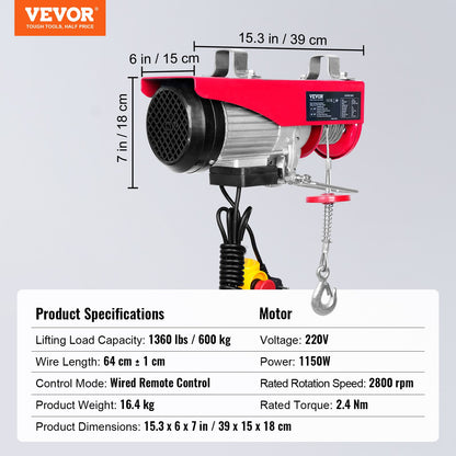 Electric Hoist, 1320 lbs Lifting Capacity, 1150W 220V Electric Steel Wire Rope Winch with 14ft Wired Remote Control, 40ft Single Cable Lifting Height and Pure Copper Motor, for Garage Warehouse Factory