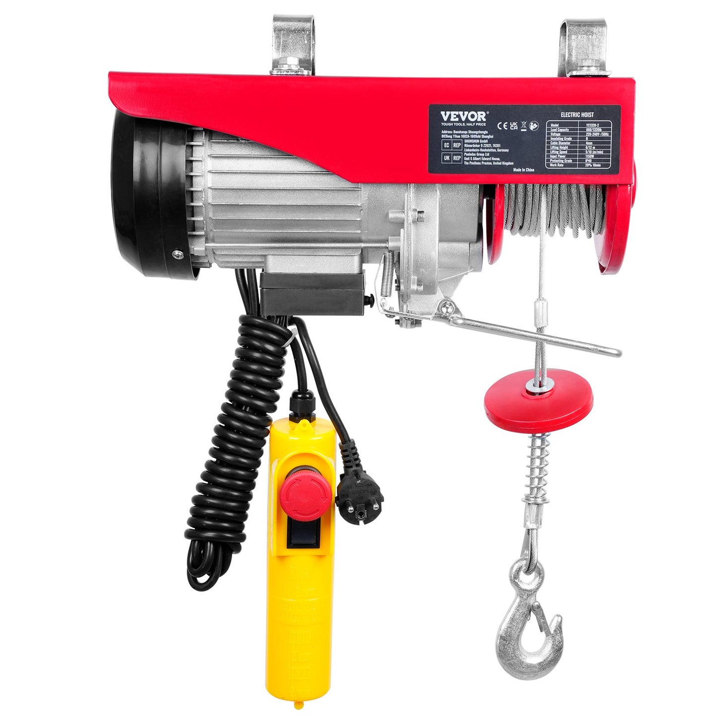 Electric Hoist, 1320 lbs Lifting Capacity, 1150W 220V Electric Steel Wire Rope Winch with 14ft Wired Remote Control, 40ft Single Cable Lifting Height and Pure Copper Motor, for Garage Warehouse Factory