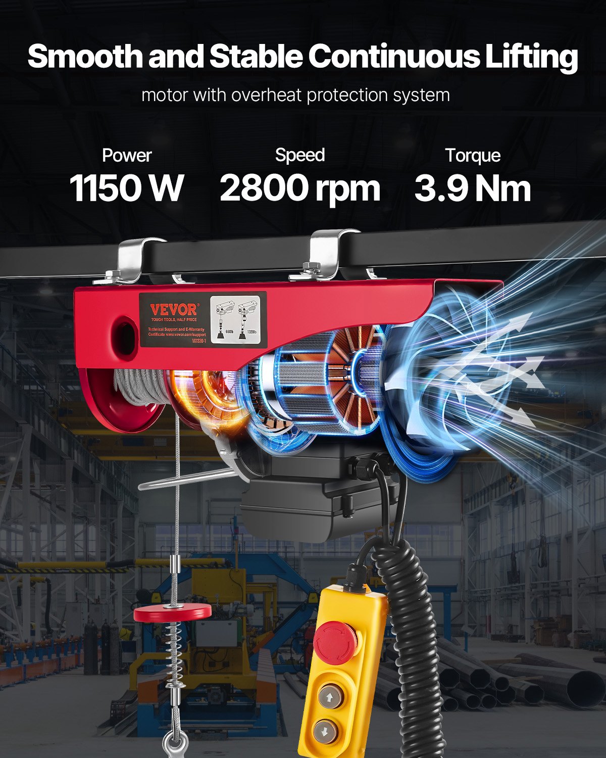 Electric Hoist, 1320 lbs Lifting Capacity, 1150W 110V Electric Steel Wire Winch with 14ft Wired Remote Control, 40ft Single Cable Lifting Height & Pure Copper Motor, for Garage Warehouse Factory