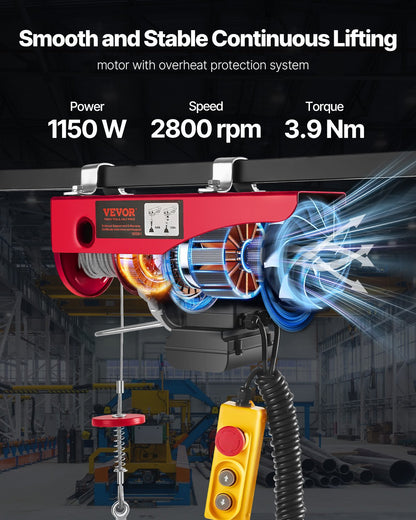 Electric Hoist, 1320 lbs Lifting Capacity, 1150W 110V Electric Steel Wire Winch with 14ft Wired Remote Control, 40ft Single Cable Lifting Height & Pure Copper Motor, for Garage Warehouse Factory
