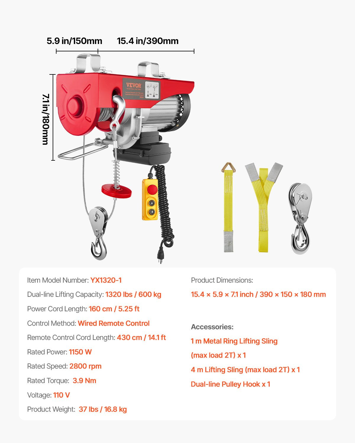 Electric Hoist, 1320 lbs Lifting Capacity, 1150W 110V Electric Steel Wire Winch with 14ft Wired Remote Control, 40ft Single Cable Lifting Height & Pure Copper Motor, for Garage Warehouse Factory