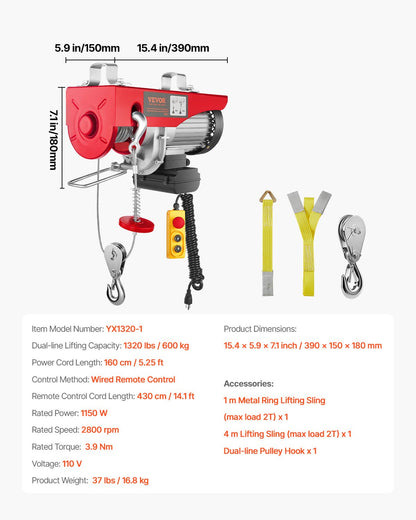 Electric Hoist, 1320 lbs Lifting Capacity, 1150W 110V Electric Steel Wire Winch with 14ft Wired Remote Control, 40ft Single Cable Lifting Height & Pure Copper Motor, for Garage Warehouse Factory