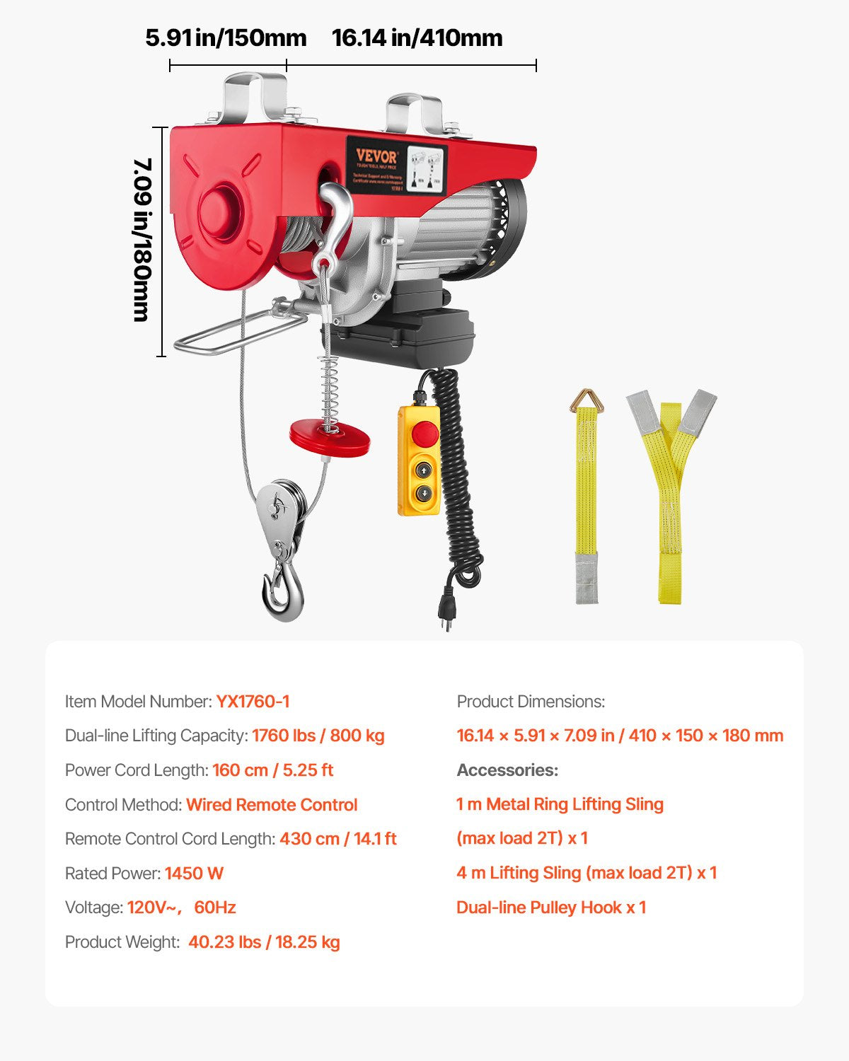 Electric Hoist 1760lbs with 14ft Wired Remote Control, Electric Hoist 110 Volt with 40ft Single Cable Lifting Height & Pure Copper Motor, for Garage Warehouse Factory