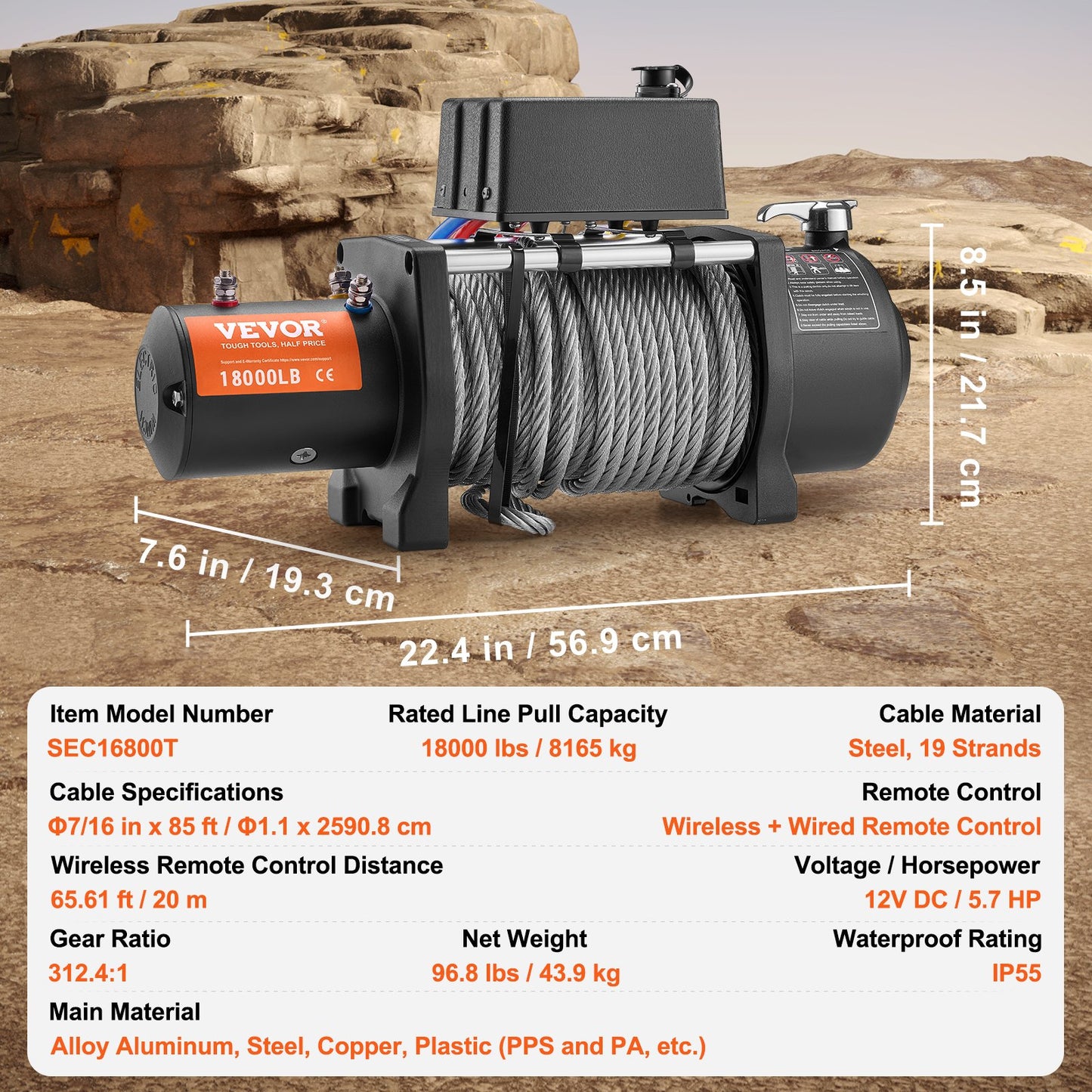 Electric Winch, 18,000 lb, 12V DC Truck Winch with Φ7/16 in x 85 ft Steel Cable Roller Fairlead Wireless & Wired Remote Control, IP55 Waterproof for Towing Off-Road SUV Jeep Truck Trailer Boat