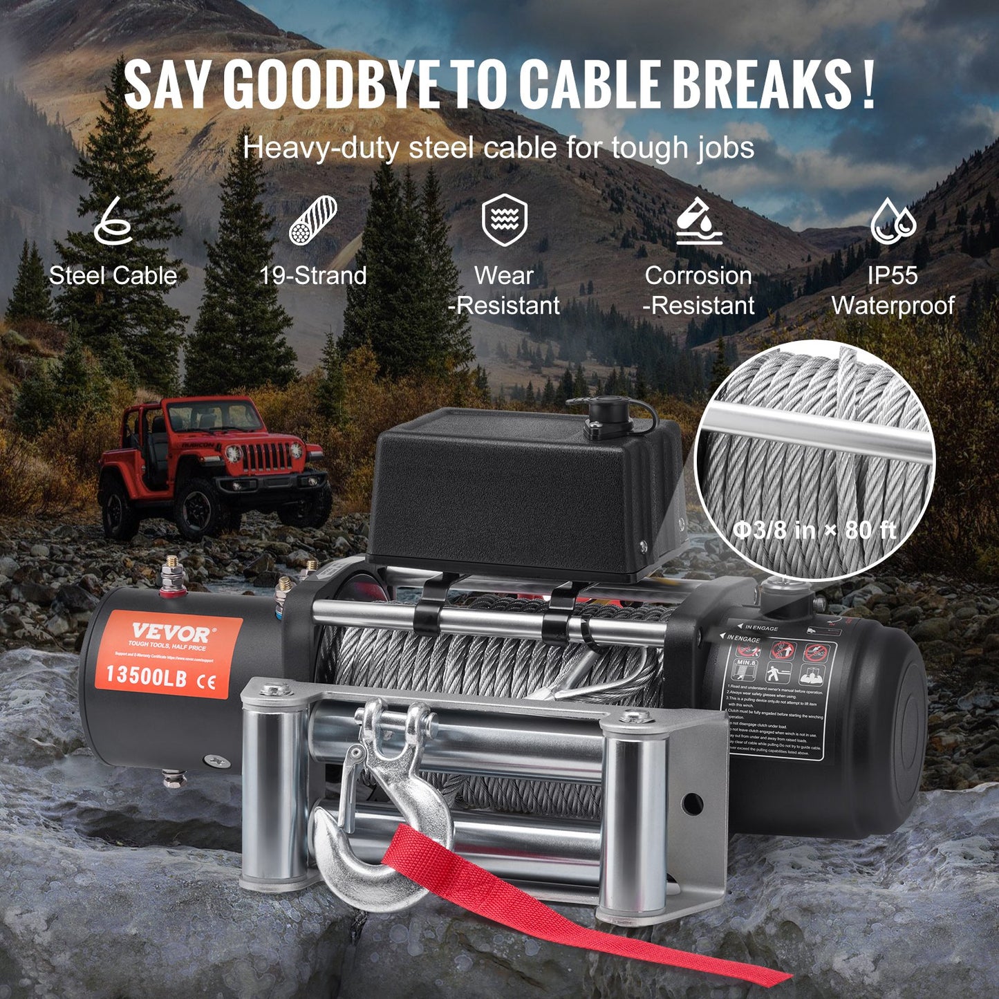 Electric winch truck 13,500 lb steel cable IP65 waterproof remote control