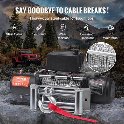 Electric winch truck 13,500 lb steel cable IP65 waterproof remote control