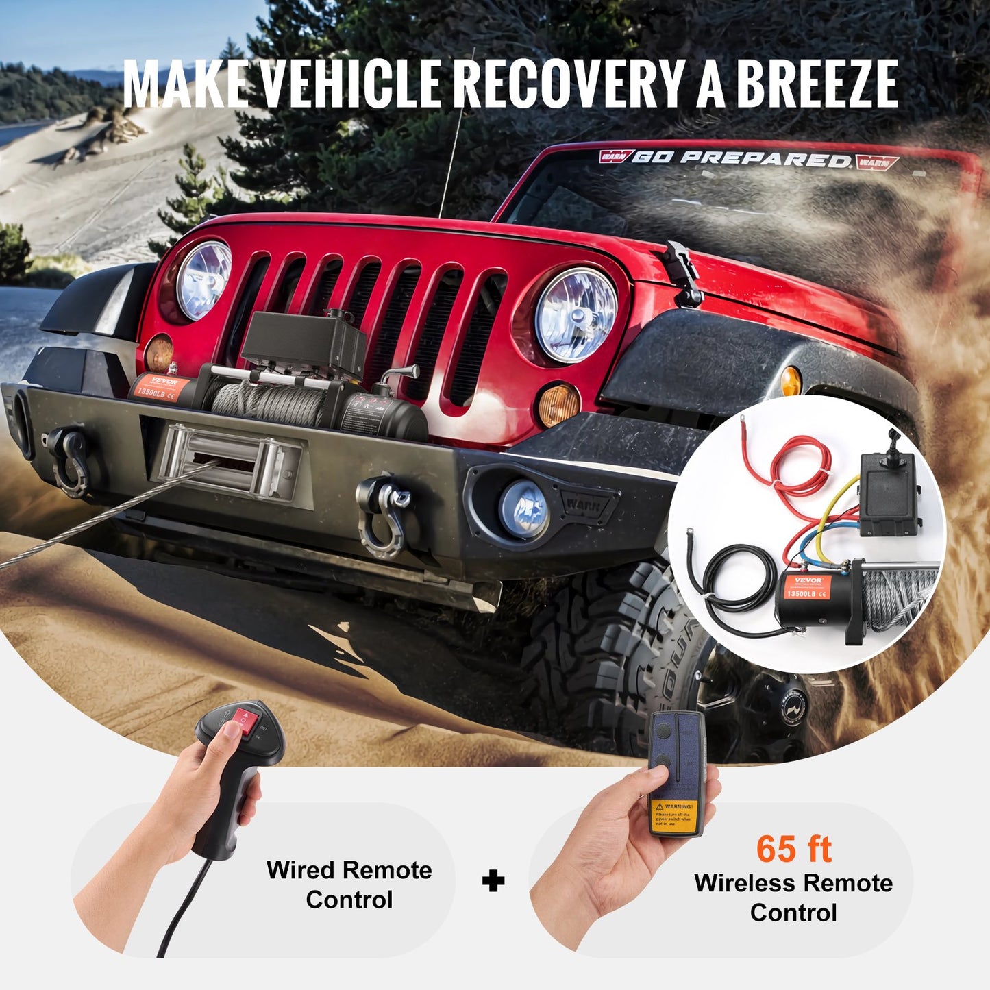 Electric winch truck 13,500 lb steel cable IP65 waterproof remote control