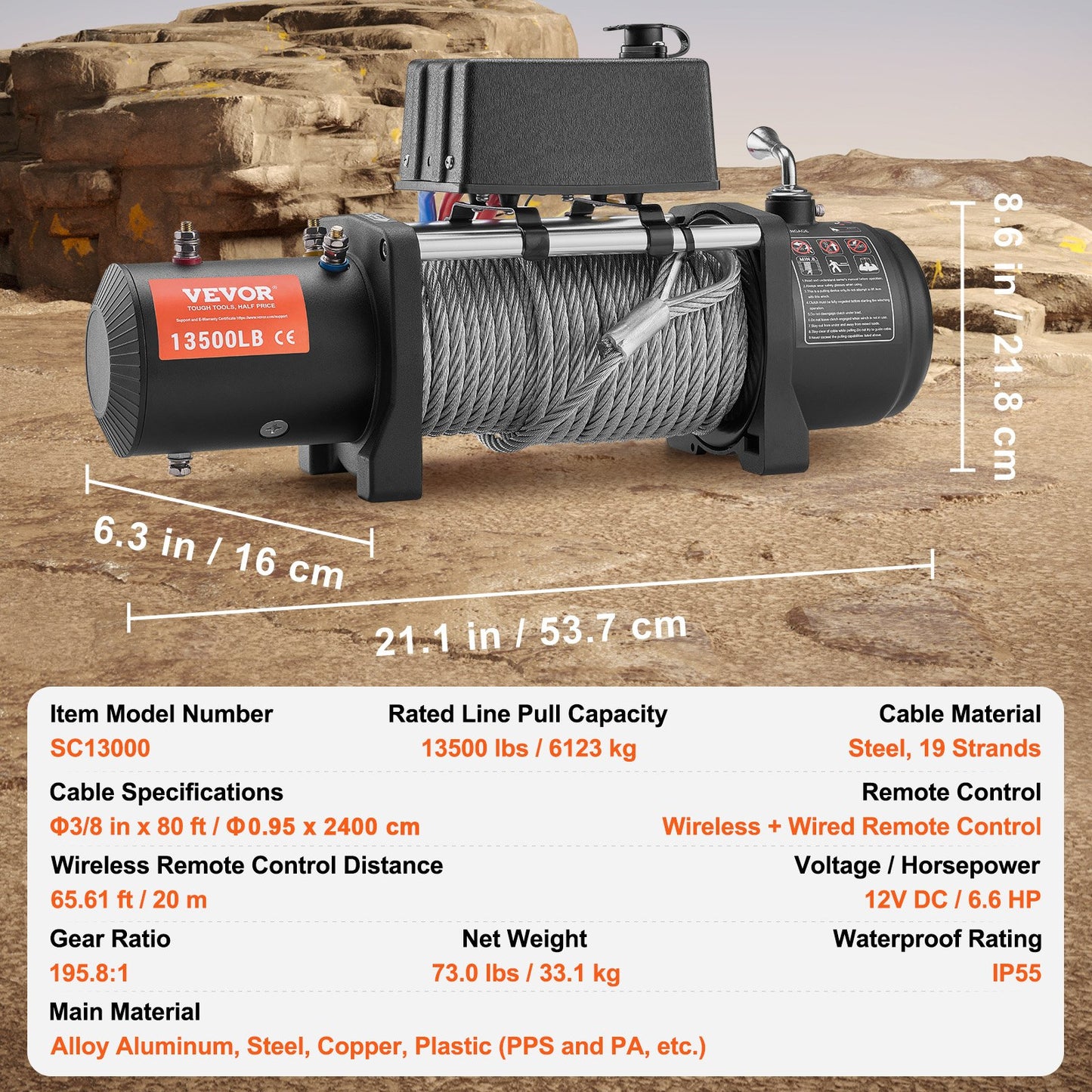 Electric winch truck 13,500 lb steel cable IP65 waterproof remote control