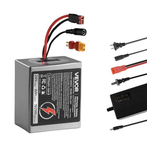 24V Electric Scooter Battery, 8Ah, Ebike Lithium Battery Pack with 30A BMS, Charger, T-Plug Expansion Cable, 500+ Cycles, Compatible with 1920W Motors, for Electric Bikes Bicycles, Scooters
