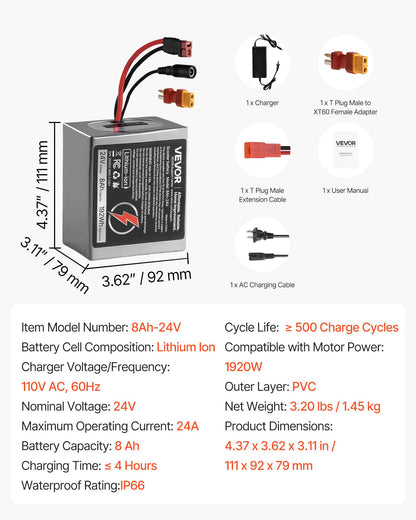 24V Electric Scooter Battery, 8Ah, Ebike Lithium Battery Pack with 30A BMS, Charger, T-Plug Expansion Cable, 500+ Cycles, Compatible with 1920W Motors, for Electric Bikes Bicycles, Scooters