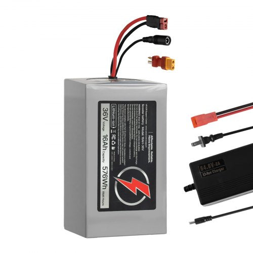 36V Electric Scooter Battery, 16Ah, Ebike Lithium Battery Pack with 30A BMS, Charger, T-Plug Expansion Cable, 500+ Cycles, Compatible with 2880W Motors, for Electric Bikes Bicycles, Scooters