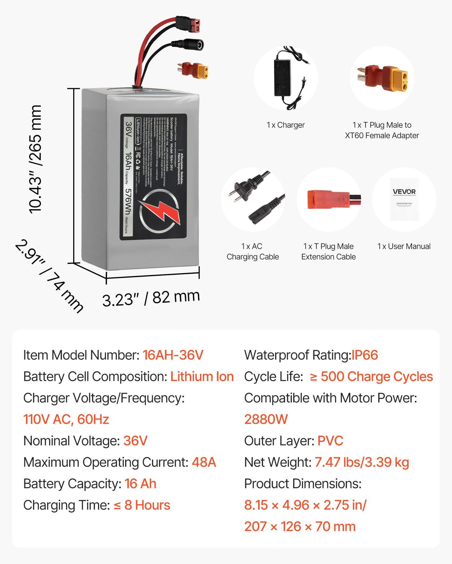 36V Electric Scooter Battery, 16Ah, Ebike Lithium Battery Pack with 30A BMS, Charger, T-Plug Expansion Cable, 500+ Cycles, Compatible with 2880W Motors, for Electric Bikes Bicycles, Scooters