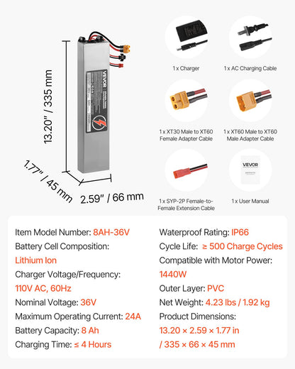 36V Scooter Battery Pack, 8Ah, 8000mAh Lithium Battery Replacement with 30A BMS, Charger, 500+ Cycles, Compatible with 1440W Motors, for Imitation M365 Electric Scooters, Without Communication