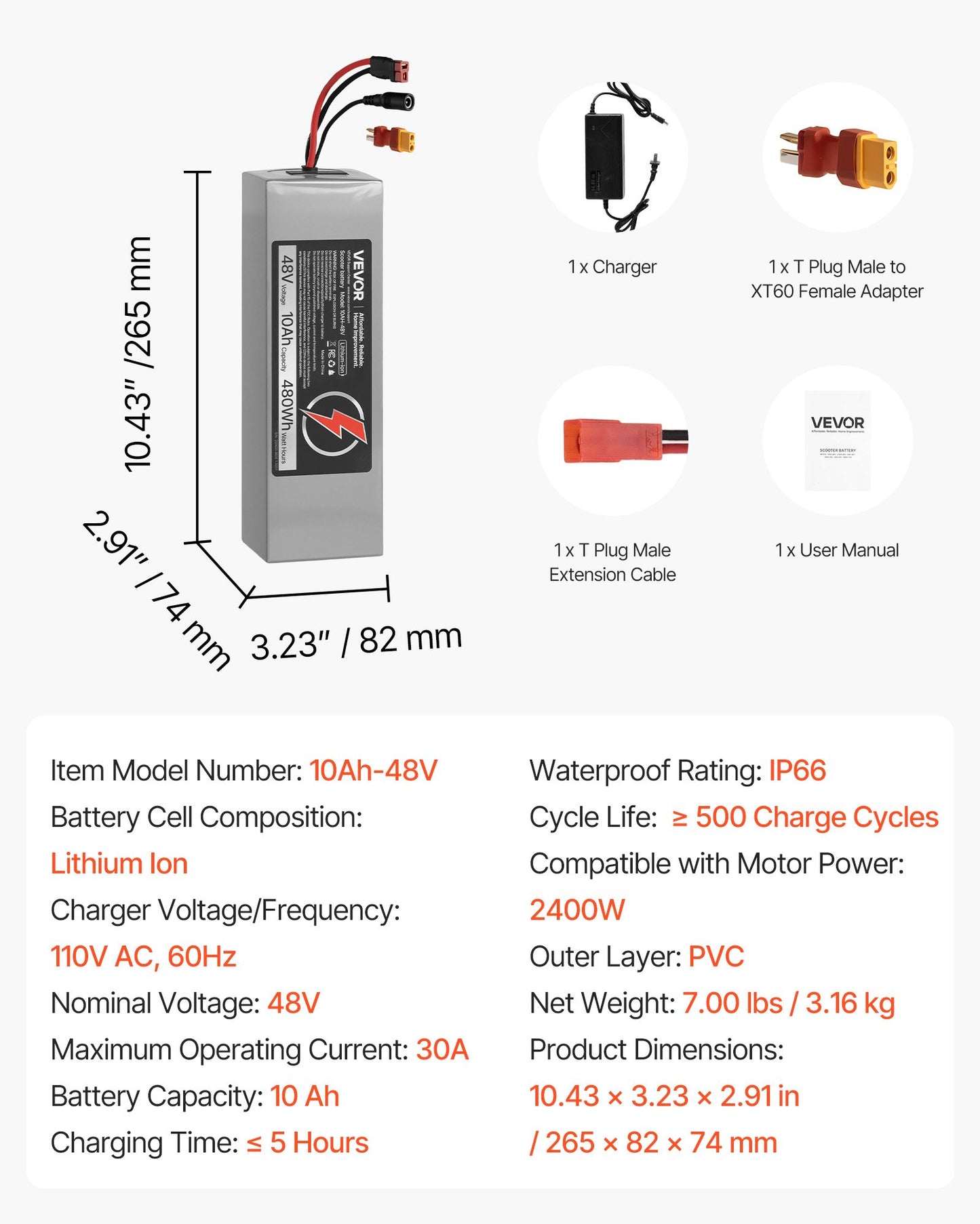 48V Electric Scooter Battery, 10Ah, Ebike Lithium Battery Pack with 30A BMS, Charger, T-Plug Expansion Cable, 500+ Cycles, Compatible with 2400W Motors, for Electric Bikes Bicycles, Scooters