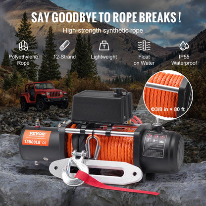 Electric Winch Truck 13,500 lb Synthetic Rope Waterproof Remote Control
