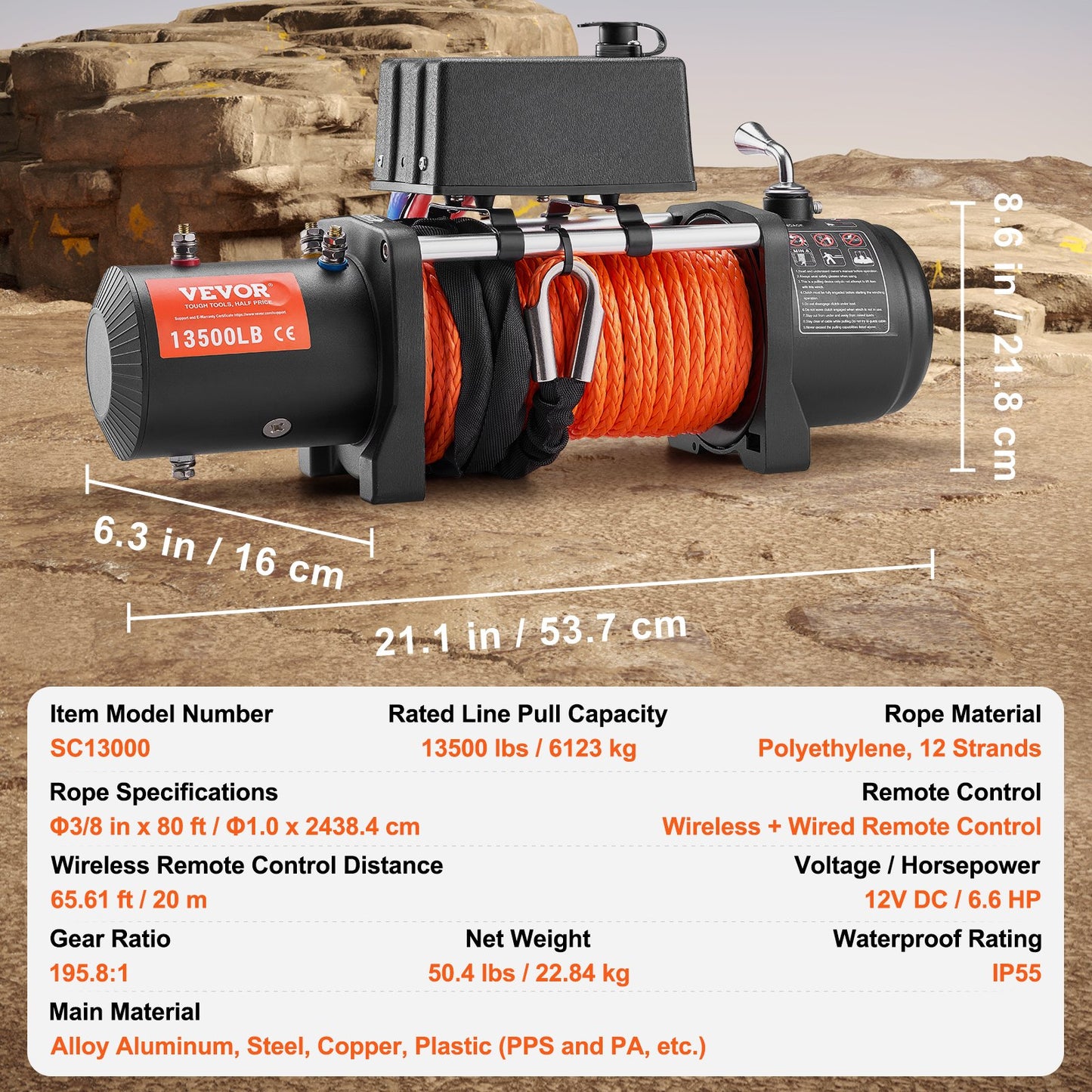 Electric Winch Truck 13,500 lb Synthetic Rope Waterproof Remote Control