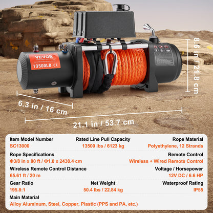 Electric Winch Truck 13,500 lb Synthetic Rope Waterproof Remote Control