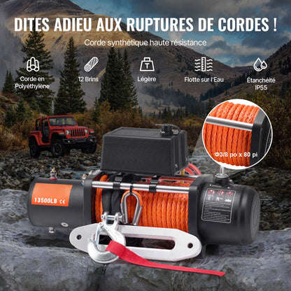 Electric Winch, 13500 lbs Load Capacity, 12V DC Truck Winch with Φ3/8 in x 80 ft Synthetic Rope, Wireless & Wired Remote Control, Suitable for Towing Off-Road SUV Jeep Trailer Boat