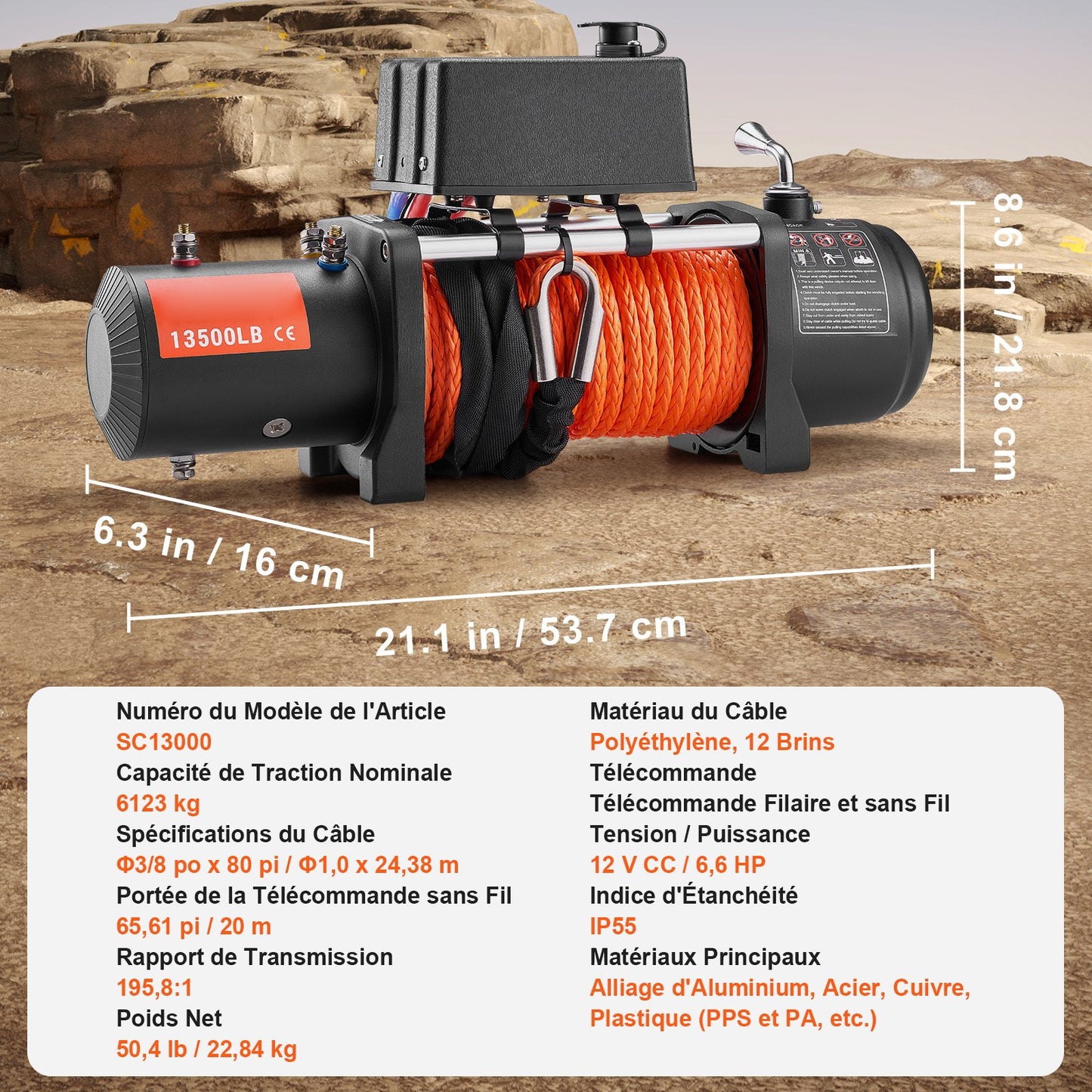 Electric Winch, 13500 lbs Load Capacity, 12V DC Truck Winch with Φ3/8 in x 80 ft Synthetic Rope, Wireless & Wired Remote Control, Suitable for Towing Off-Road SUV Jeep Trailer Boat